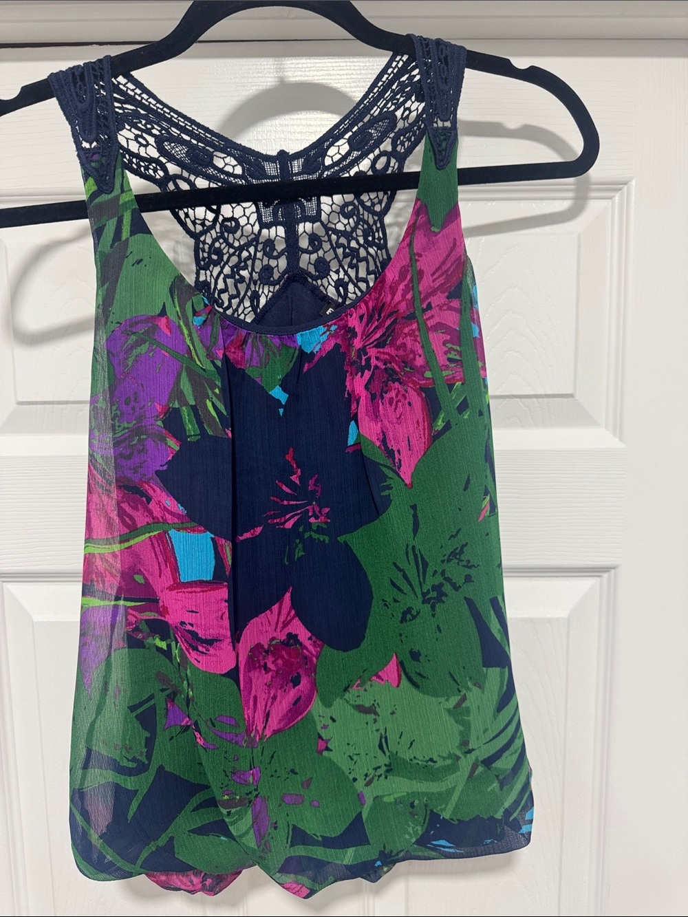 Express Floral Lace-Back Tank in Navy, Green & Pink
